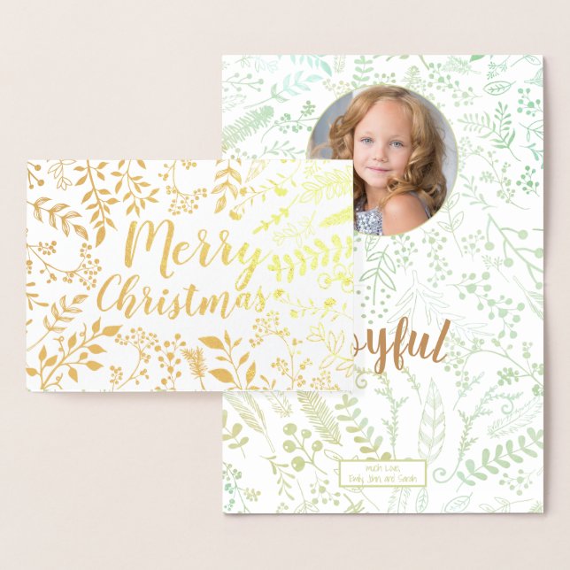 Tarjeta Con Relieve Metalizado Gold Merry Christmas Holiday Circle Floral Photo (Demostración)