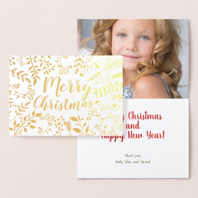 Tarjeta Con Relieve Metalizado Gold Merry Christmas Holiday Circle Floral Photo (Demostración)