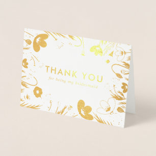Tarjeta Con Relieve Metalizado Golden Retro Poppies Bridesmaid Gracias