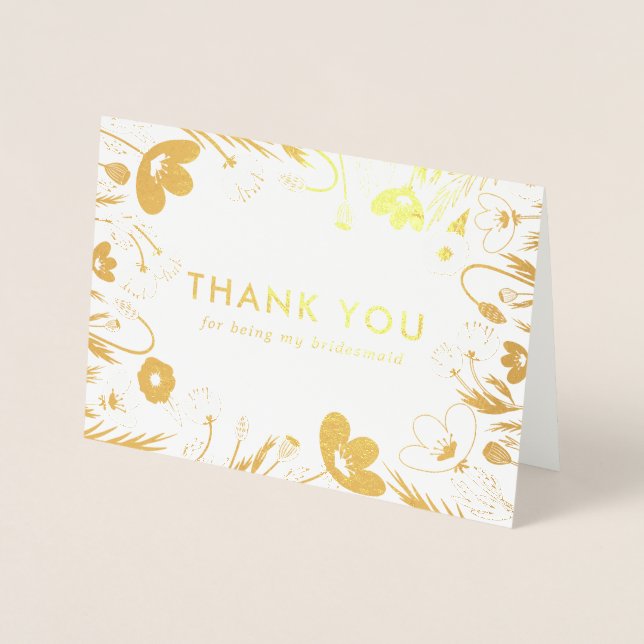 Tarjeta Con Relieve Metalizado Golden Retro Poppies Bridesmaid Gracias (Anverso)