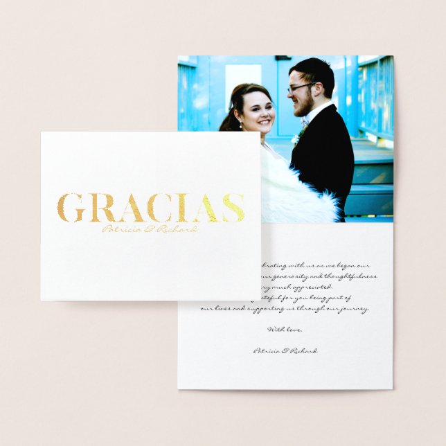 Tarjeta Con Relieve Metalizado Gracia Modern Font Boda Gracias Foto Relieve metal (Demostración)
