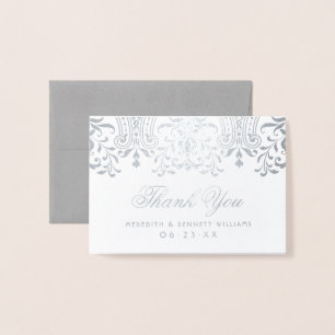 Tarjeta Con Relieve Metalizado Gracias Boda de glamour de color plateado