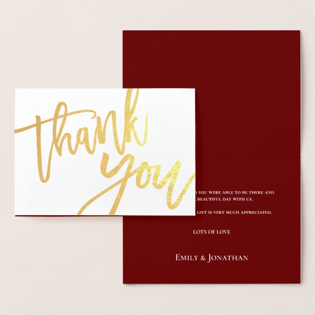 Tarjeta Con Relieve Metalizado Gracias Boda Script Burgundy Gold (Demostración)