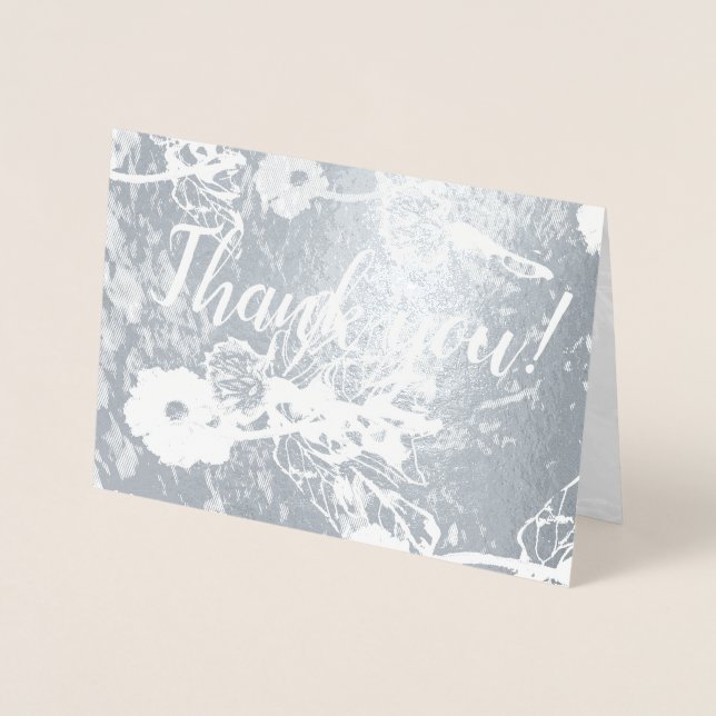 Tarjeta Con Relieve Metalizado "Gracias" en Boda Floral de Plata (Anverso)