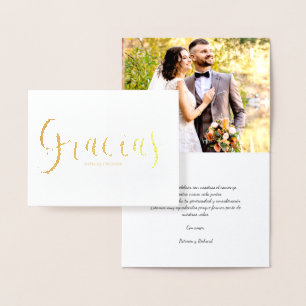 Tarjeta Con Relieve Metalizado Gracias Foto Elegante Boda Agradecimiento Español