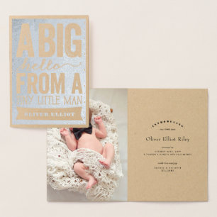 Tarjeta Con Relieve Metalizado Gran Hola Pequeño Hombre Anuncio de Nacimiento de 