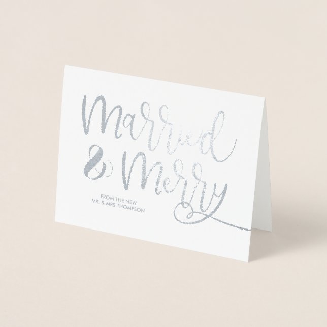 Tarjeta Con Relieve Metalizado Grey Married & Merry Christmas Gracias Boda (Anverso)