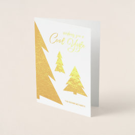 Tarjeta Con Relieve Metalizado Guay Yule Modern Script Trees Holiday Gold