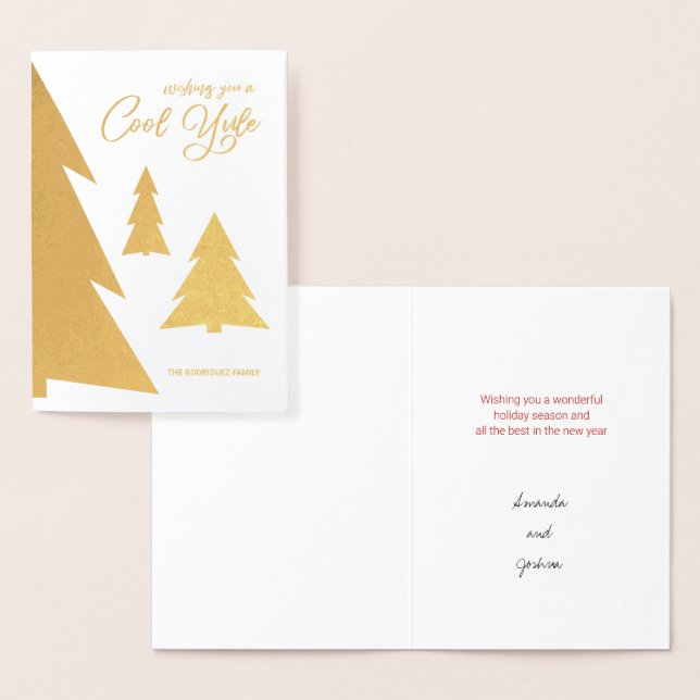 Tarjeta Con Relieve Metalizado Guay Yule Modern Script Trees Holiday Gold (Demostración)