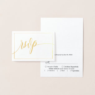 Tarjeta Con Relieve Metalizado Guión de caligrafía blanco y dorado RSVP