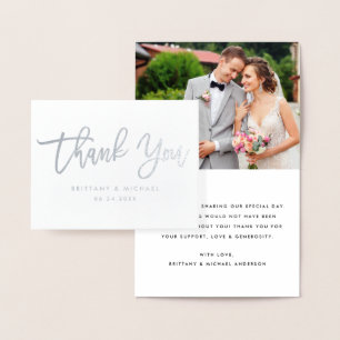 Tarjeta Con Relieve Metalizado Guión de pincel Gracias Boda Nota de foto Plata