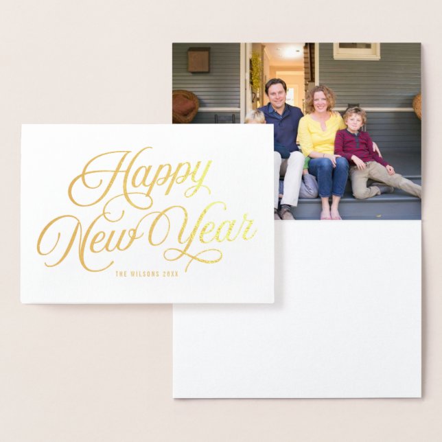 Tarjeta Con Relieve Metalizado Guión elegante Feliz Año Nuevo con foto (Demostración)