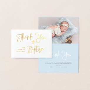 Tarjeta Con Relieve Metalizado Guión moderno   Foto Baptismo Azul Gracias  