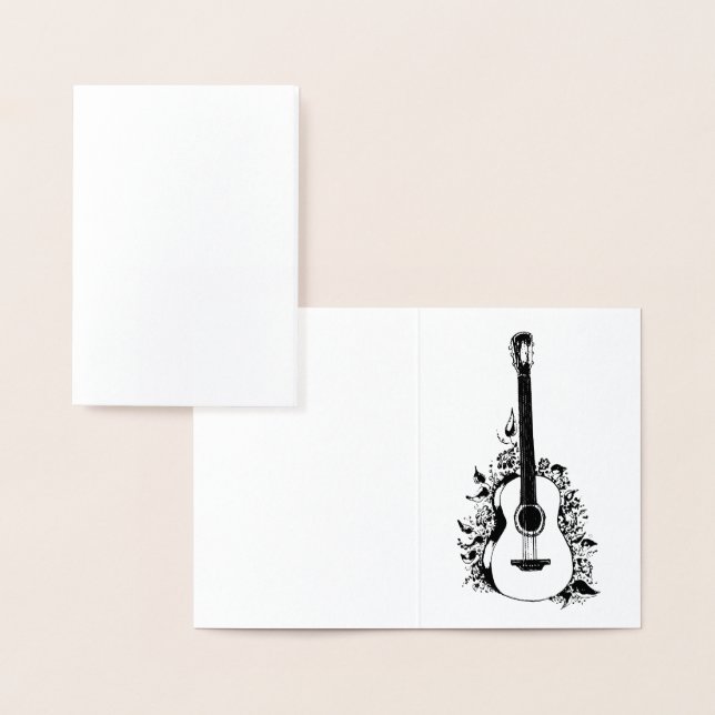Tarjeta Con Relieve Metalizado Guitarra acústica sobre un fondo de flores. (Demostración)