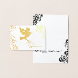 Tarjeta Con Relieve Metalizado halloween ilustracion raven y encaje