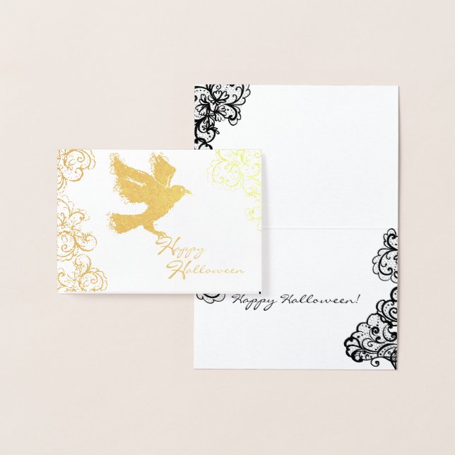 Tarjeta Con Relieve Metalizado halloween ilustracion raven y encaje (Demostración)