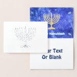 Tarjeta Con Relieve Metalizado Hanukkah Snowstorm Menorah<br><div class="desc">Un brillante oro Hanukkah menorah y "Happy Hanukkah" en un brillante texto azul y blanco superpuesto en una imagen fractal azul y blanco que recuerda a copos de nieve en una tormenta. ¡Chag Sameach!</div>