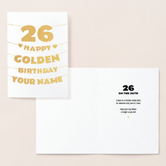 Tarjeta Con Relieve Metalizado Happy Golden Birthday, 26th Birthday Gold Foil 