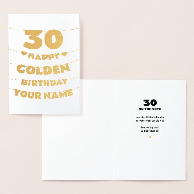 Tarjeta Con Relieve Metalizado Happy Golden Birthday, 30th Birthday Gold Foil  (Demostración)