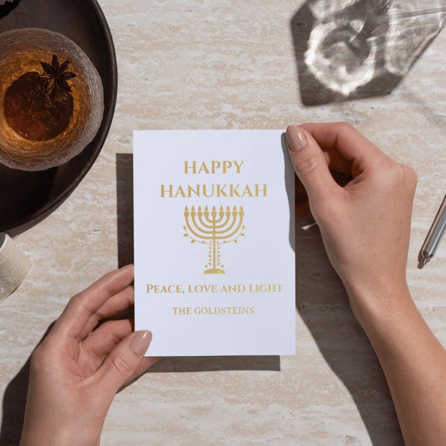 Tarjeta Con Relieve Metalizado Happy Hanukkah Blue and White Menorah (Customize this Happy Hanukkah Gold Foil card to complete your celebration!)