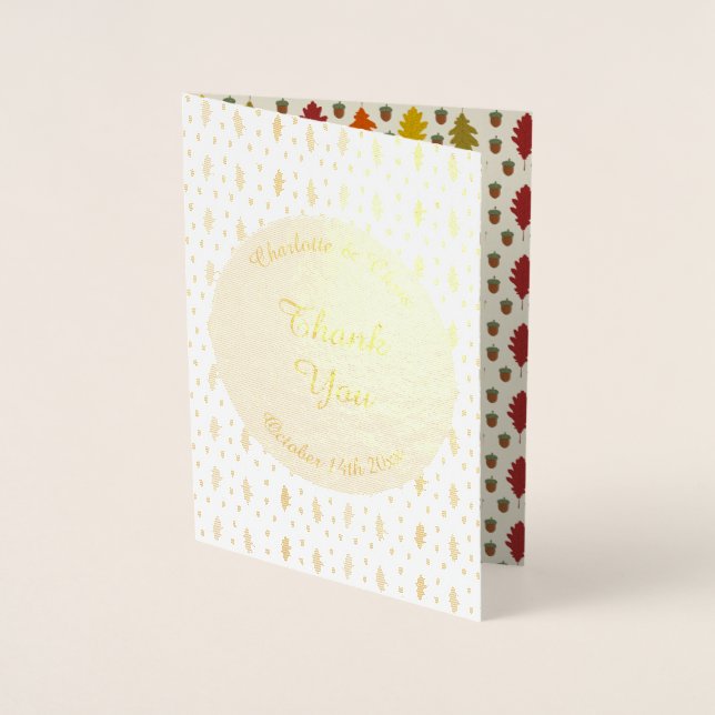 Tarjeta Con Relieve Metalizado Hojas de roble y maíz Personalizado Boda otoño (Anverso)