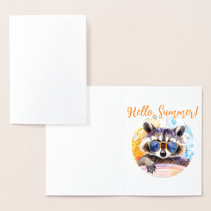Tarjeta Con Relieve Metalizado Hola Mapache de verano con gafas de sol Acuarela