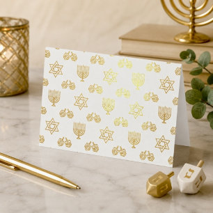 Tarjeta Con Relieve Metalizado Iconos de Hanukkah en papel de oro Patrón de vacac