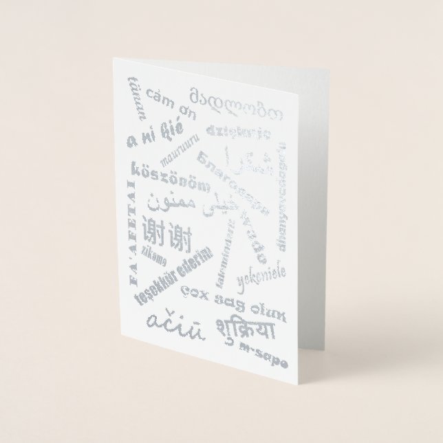 Tarjeta Con Relieve Metalizado Idiomas Multilingual Gracias Silver (Anverso)