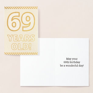 Tarjeta Con Relieve Metalizado Intrépidos, Relieve metalizado dorado "69 AÑOS!"