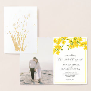Tarjeta Con Relieve Metalizado Jardín floral amarillo acuarela con Boda fotográfi