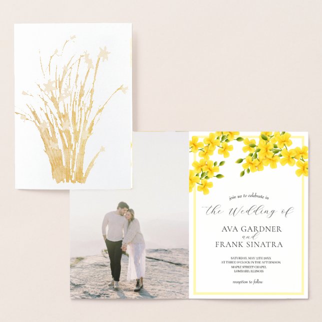 Tarjeta Con Relieve Metalizado Jardín floral amarillo acuarela con Boda fotográfi (Demostración)