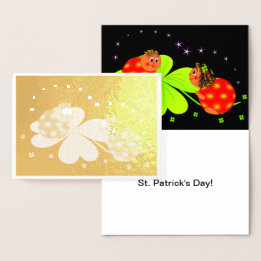 Tarjeta Con Relieve Metalizado Lady Bugs en un Shamrock con estrellas , ZKOA