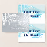 Tarjeta Con Relieve Metalizado Lobo solitario en WInter<br><div class="desc">Un lobo (Canis lupus) se abre paso a través de un paisaje nevado de abedules y montañas en esta imagen estilizada y monótona azul. También aparece el texto "Feliz Navidad". Añade tu propio texto adicional.</div>