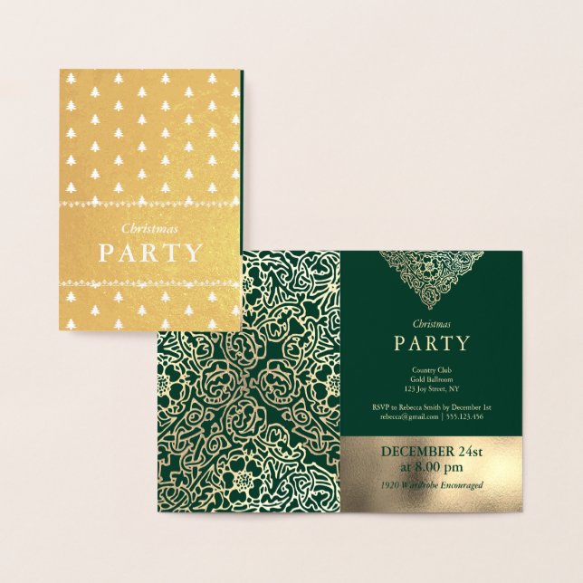 Tarjeta Con Relieve Metalizado Luxury Gold Foil Green Christmas Party Invitations (Demostración)