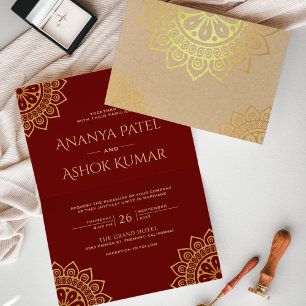 Tarjeta Con Relieve Metalizado Mandala Étnico Boda India Rojo Oro