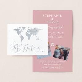 Tarjeta Con Relieve Metalizado Mapa del mundo plateado Destino plegado Guardar la
