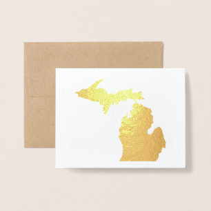 Tarjeta Con Relieve Metalizado Mapa estatal de oro o plata en Michigan y gaviota