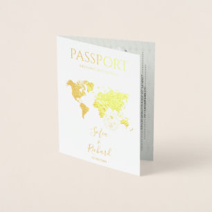 Tarjeta Con Relieve Metalizado Mapa mundial de pasaporte de boda tropical de dest