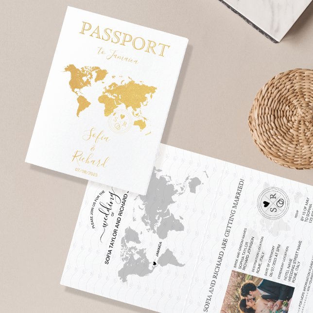 Tarjeta Con Relieve Metalizado Mapa Mundial de Pasaporte de Destino boda JAMAICA  (Subido por el creador)