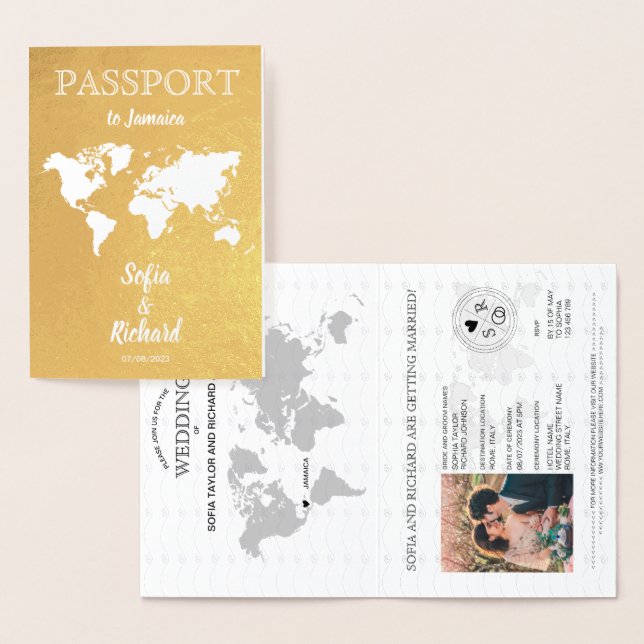 Tarjeta Con Relieve Metalizado Mapa Mundial de Pasaporte de Destino boda JAMAICA  (Demostración)