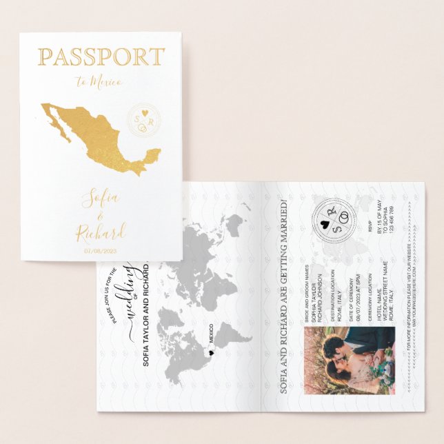 Tarjeta Con Relieve Metalizado Mapa Mundial de Pasaporte de Destino de boda Méxic