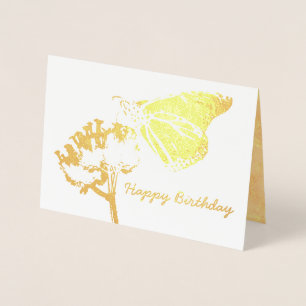 Tarjeta Con Relieve Metalizado Mariposa dorada en cumpleaños de amigo de las flor