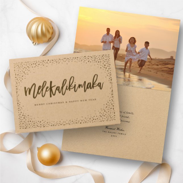 Tarjeta Con Relieve Metalizado Mele Kalikimaka Navidades de la Moda Confetti Foto (Mele Kalikimaka Christmas Greetings Holiday Foil Pressed Card @ www.zazzle.com/store/fat_fa_tin)