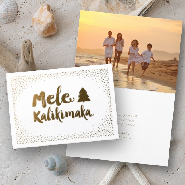 Tarjeta Con Relieve Metalizado Mele Kalikimaka Navidades de la Moda Confetti Foto (Mele Kalikimaka Christmas Greetings Holiday Foil Pressed Card @ www.zazzle.com/store/fat_fa_tin)