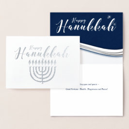 Tarjeta Con Relieve Metalizado Menorah en Hanukkah moderno azul y plateado