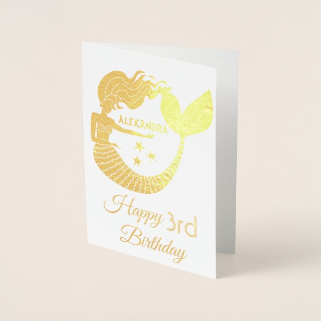 Tarjeta Con Relieve Metalizado Mermaid Gold Tercer Cumpleaños (Anverso)