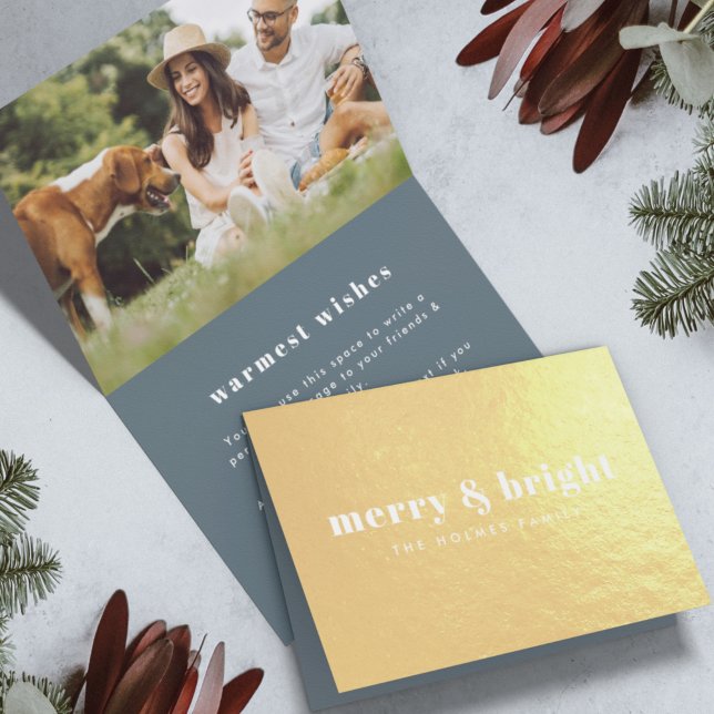 Tarjeta Con Relieve Metalizado Merry y Bright | Elegante Foto Moderna Xmas Gold (Subido por el creador)