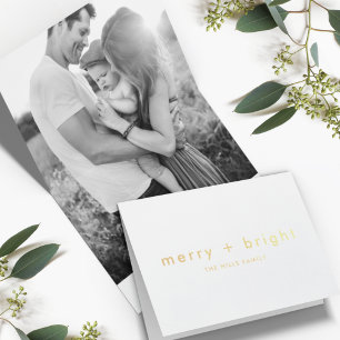 Tarjeta Con Relieve Metalizado Merry y Bright Foto de Navidades mínimos de oro