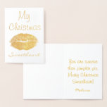 Tarjeta Con Relieve Metalizado Mi amor de Navidades<br><div class="desc">Envíe a su novia un mensaje de calentamiento del corazón a estos Navidades. Con una letra de lápiz labial de Relieve metalizado dorado,  "Feliz Navidad querido" está escrito en el frente,  hay un mensaje dulce dentro. ¡Elige la tuya! Diseño de lápiz labial: https://www.etsy.com/shop/OriginsDigitalCurio</div>