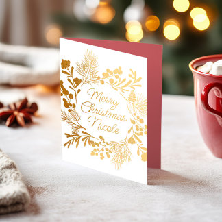 Tarjeta Con Relieve Metalizado Minimalist Gold Foil Wreath Christmas Card